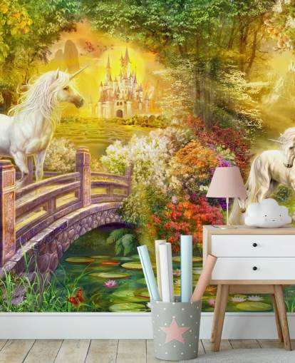 illustrated unicorns by a bridge in a magical forest wallpaper