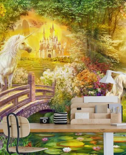 illustrated unicorns by a bridge in a magical forest wallpaper