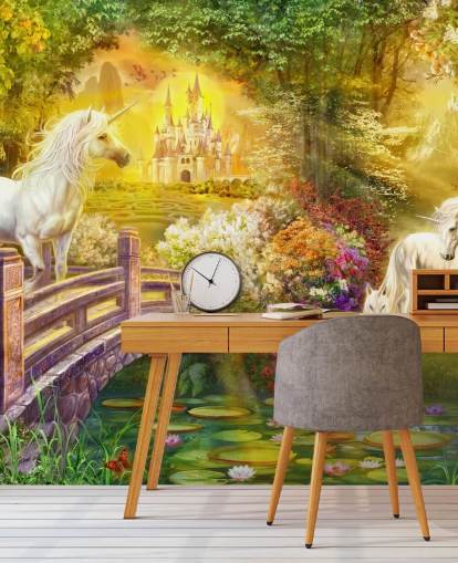 illustrated unicorns by a bridge in a magical forest wallpaper illustrated unicorns by a bridge in a magical forest wallpaper