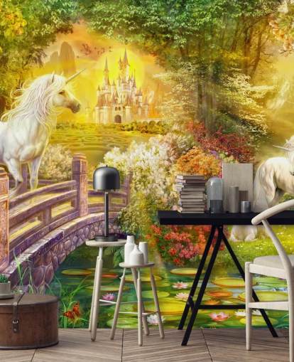 unicornios ilustrados junto a un puente en un bosque mágico papel pintado