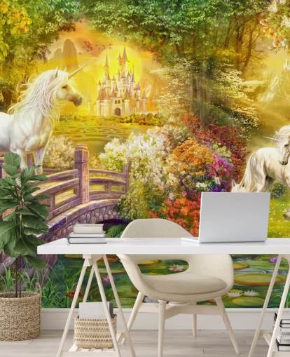 unicórnios ilustrados por uma ponte em um papel de parede mágico da floresta