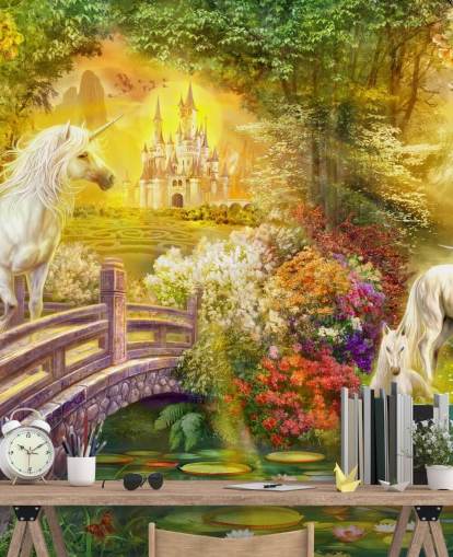 illustrated unicorns by a bridge in a magical forest wallpaper