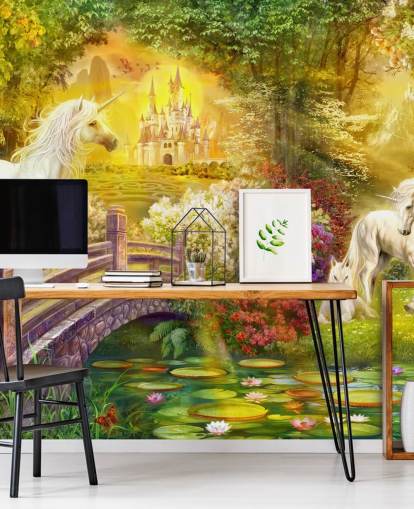 unicornios ilustrados junto a un puente en un bosque mágico papel pintado