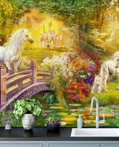 illustrated unicorns by a bridge in a magical forest wallpaper