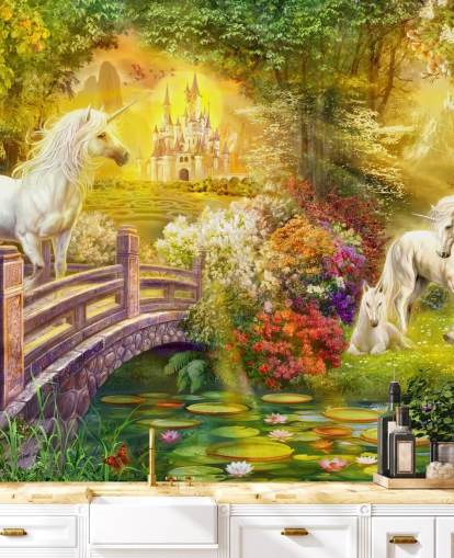 illustrated unicorns by a bridge in a magical forest wallpaper
