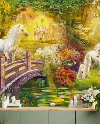 illustrated unicorns by a bridge in a magical forest wallpaper