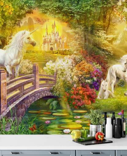 unicórnios ilustrados por uma ponte em um papel de parede mágico da floresta