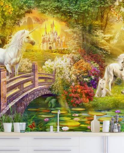 illustrated unicorns by a bridge in a magical forest wallpaper