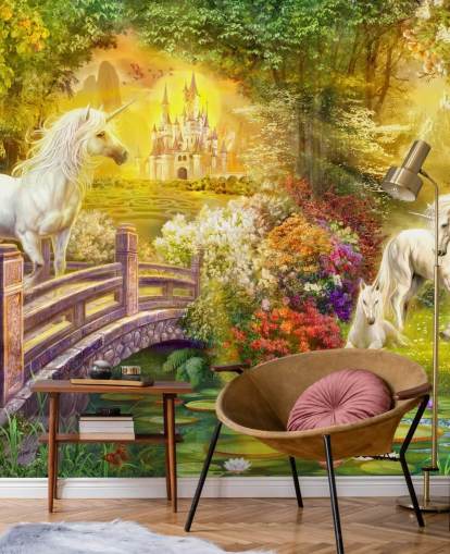 illustrated unicorns by a bridge in a magical forest wallpaper