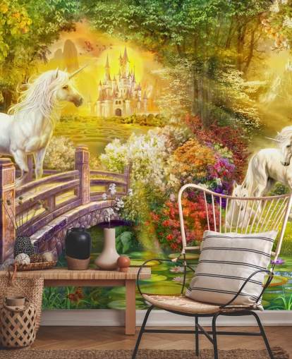 illustrated unicorns by a bridge in a magical forest wallpaper