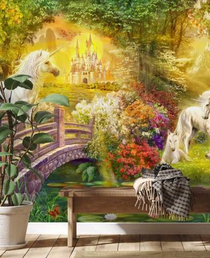 unicornios ilustrados junto a un puente en un bosque mágico papel pintado unicornios ilustrados junto a un puente en un bosque mágico papel pintado