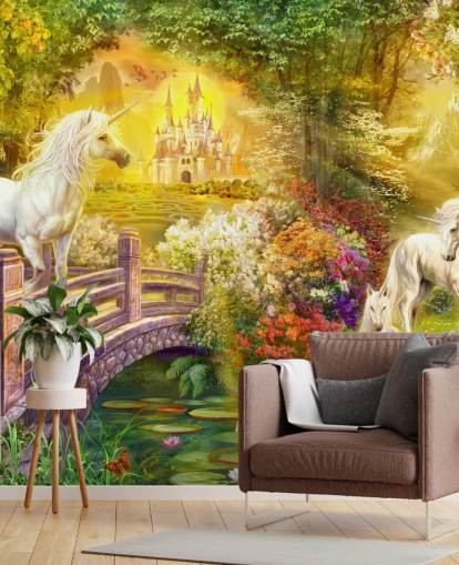 unicórnios ilustrados por uma ponte em um papel de parede mágico da floresta