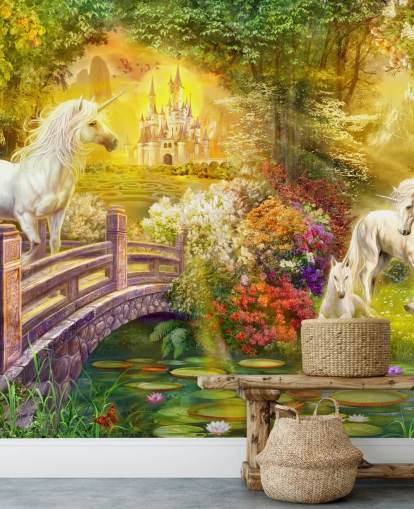 illustrated unicorns by a bridge in a magical forest wallpaper illustrated unicorns by a bridge in a magical forest wallpaper