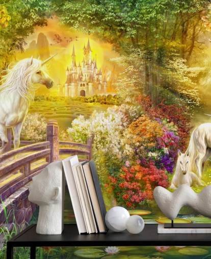 illustrated unicorns by a bridge in a magical forest wallpaper
