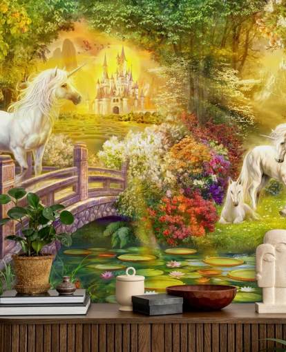 unicornios ilustrados junto a un puente en un bosque mágico papel pintado unicornios ilustrados junto a un puente en un bosque mágico papel pintado
