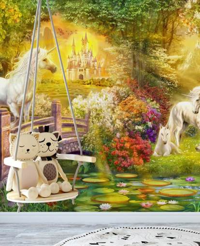 illustrated unicorns by a bridge in a magical forest wallpaper