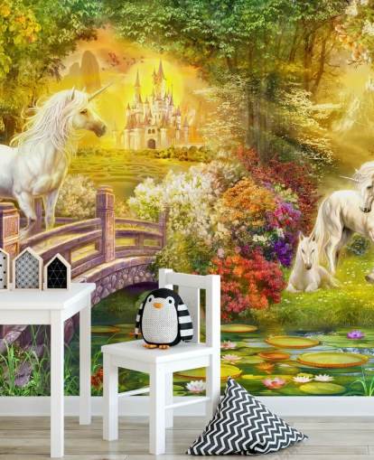 unicornios ilustrados junto a un puente en un bosque mágico papel pintado