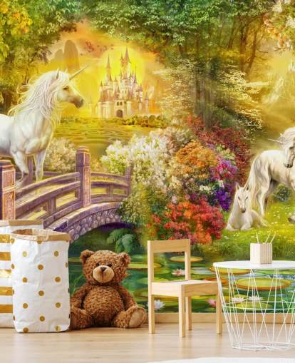 illustrated unicorns by a bridge in a magical forest wallpaper