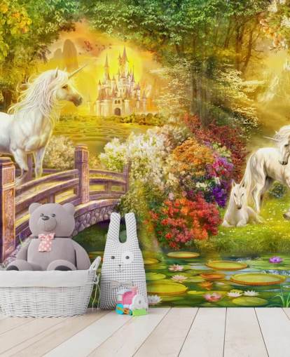 unicornios ilustrados junto a un puente en un bosque mágico papel pintado unicornios ilustrados junto a un puente en un bosque mágico papel pintado