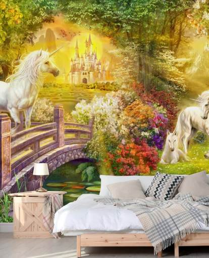 illustrated unicorns by a bridge in a magical forest wallpaper illustrated unicorns by a bridge in a magical forest wallpaper
