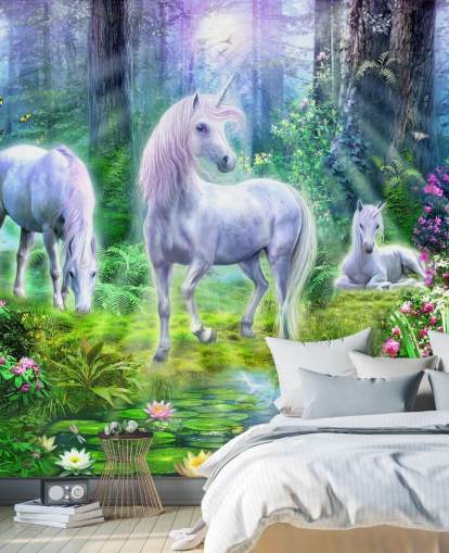 three glowing white unicorns in forest wallpaper three glowing white unicorns in forest wallpaper