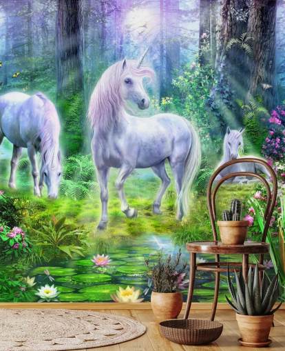 trois licornes blanches brillantes dans le papier peint de la forêt trois licornes blanches brillantes dans le papier peint de la forêt