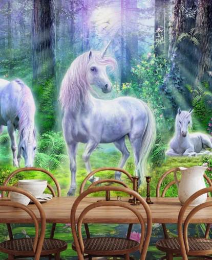 three glowing white unicorns in forest wallpaper three glowing white unicorns in forest wallpaper