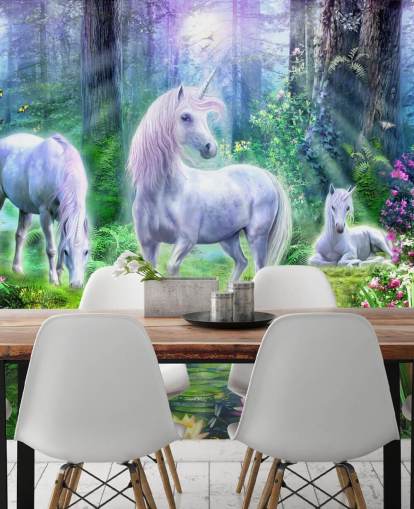 three glowing white unicorns in forest wallpaper