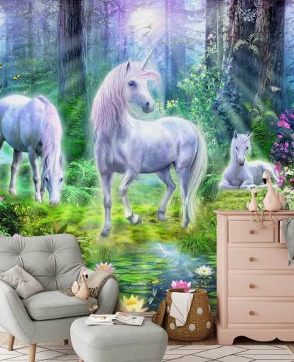 three glowing white unicorns in forest wallpaper