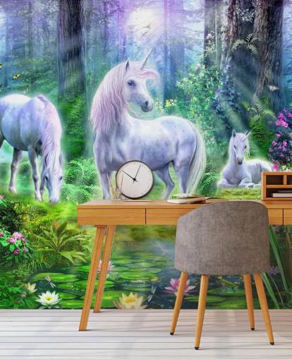 papel pintado de tres unicornios blancos brillantes en el bosque papel pintado de tres unicornios blancos brillantes en el bosque