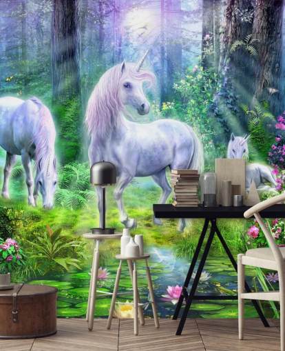 three glowing white unicorns in forest wallpaper