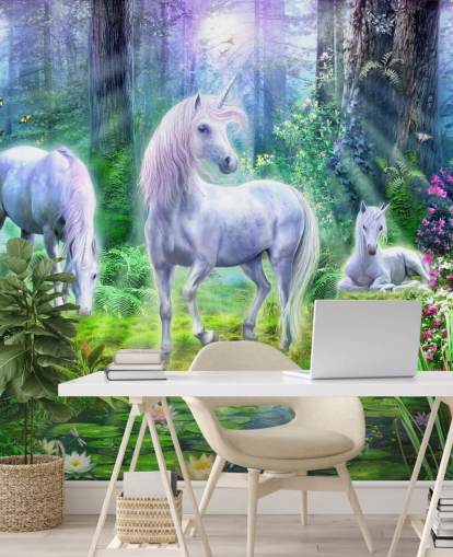 papel pintado de tres unicornios blancos brillantes en el bosque papel pintado de tres unicornios blancos brillantes en el bosque