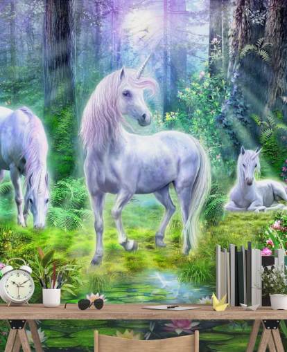three glowing white unicorns in forest wallpaper