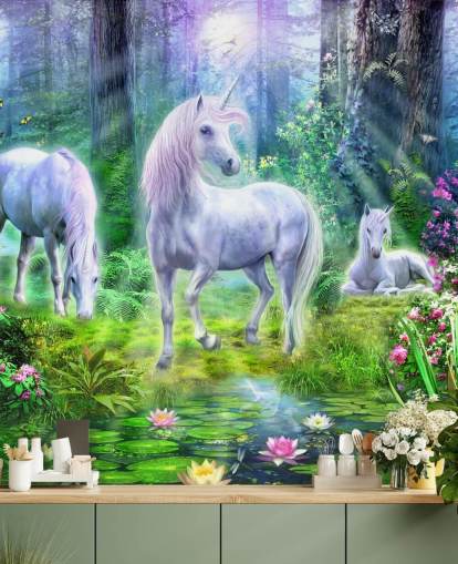 three glowing white unicorns in forest wallpaper three glowing white unicorns in forest wallpaper