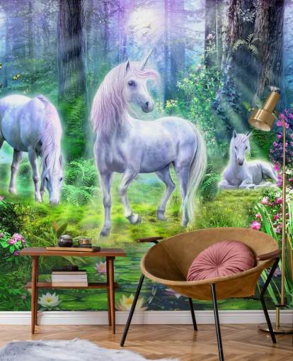 three glowing white unicorns in forest wallpaper three glowing white unicorns in forest wallpaper