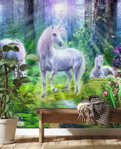 three glowing white unicorns in forest wallpaper