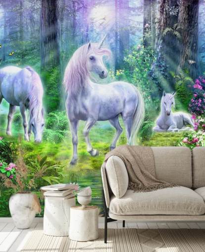three glowing white unicorns in forest wallpaper