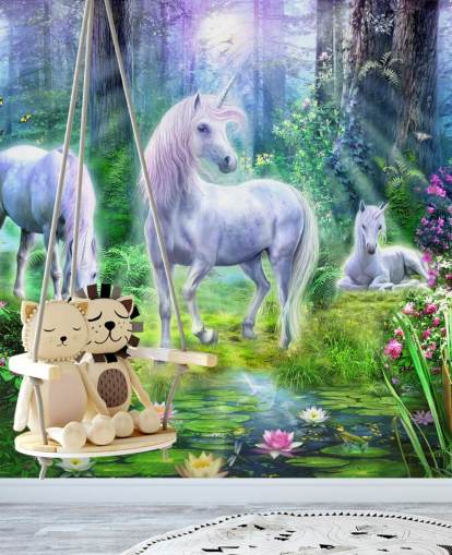 papel pintado de tres unicornios blancos brillantes en el bosque papel pintado de tres unicornios blancos brillantes en el bosque