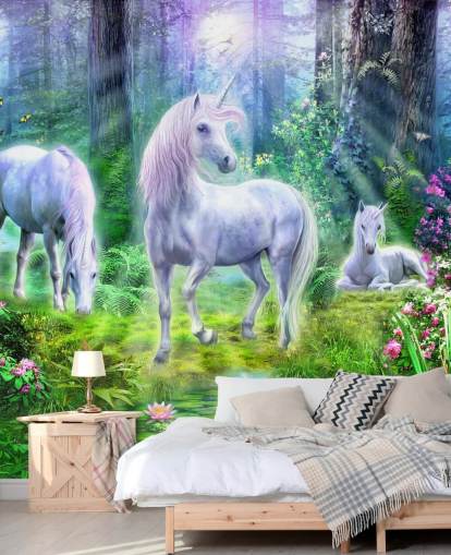three glowing white unicorns in forest wallpaper