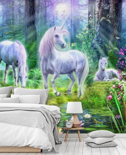 three glowing white unicorns in forest wallpaper