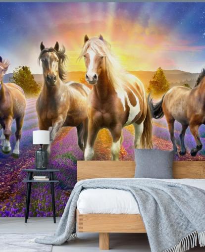 brown horses walking in lavender field wallpaper