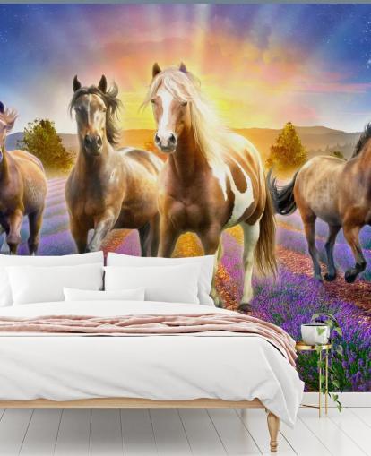 brown horses walking in lavender field wallpaper brown horses walking in lavender field wallpaper