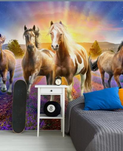 brown horses walking in lavender field wallpaper