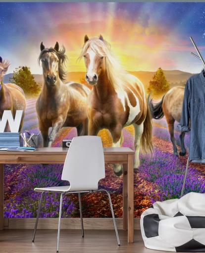 brown horses walking in lavender field wallpaper