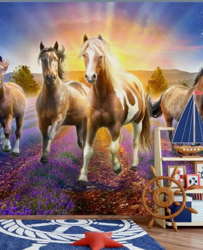 brown horses walking in lavender field wallpaper brown horses walking in lavender field wallpaper