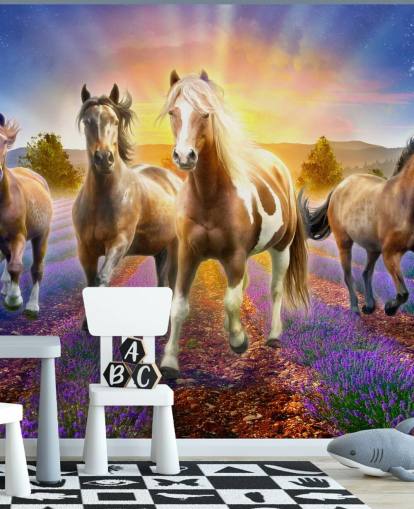 brown horses walking in lavender field wallpaper