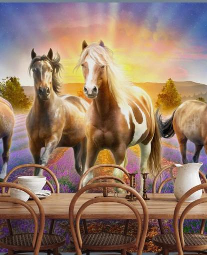 brown horses walking in lavender field wallpaper