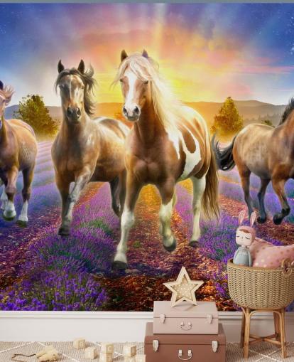 brown horses walking in lavender field wallpaper