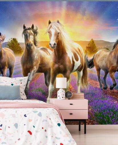 brown horses walking in lavender field wallpaper