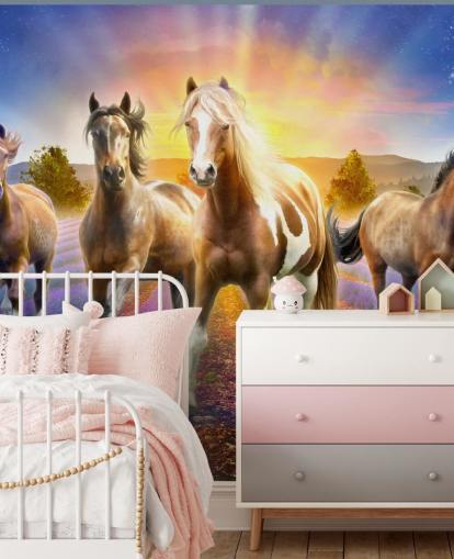 brown horses walking in lavender field wallpaper